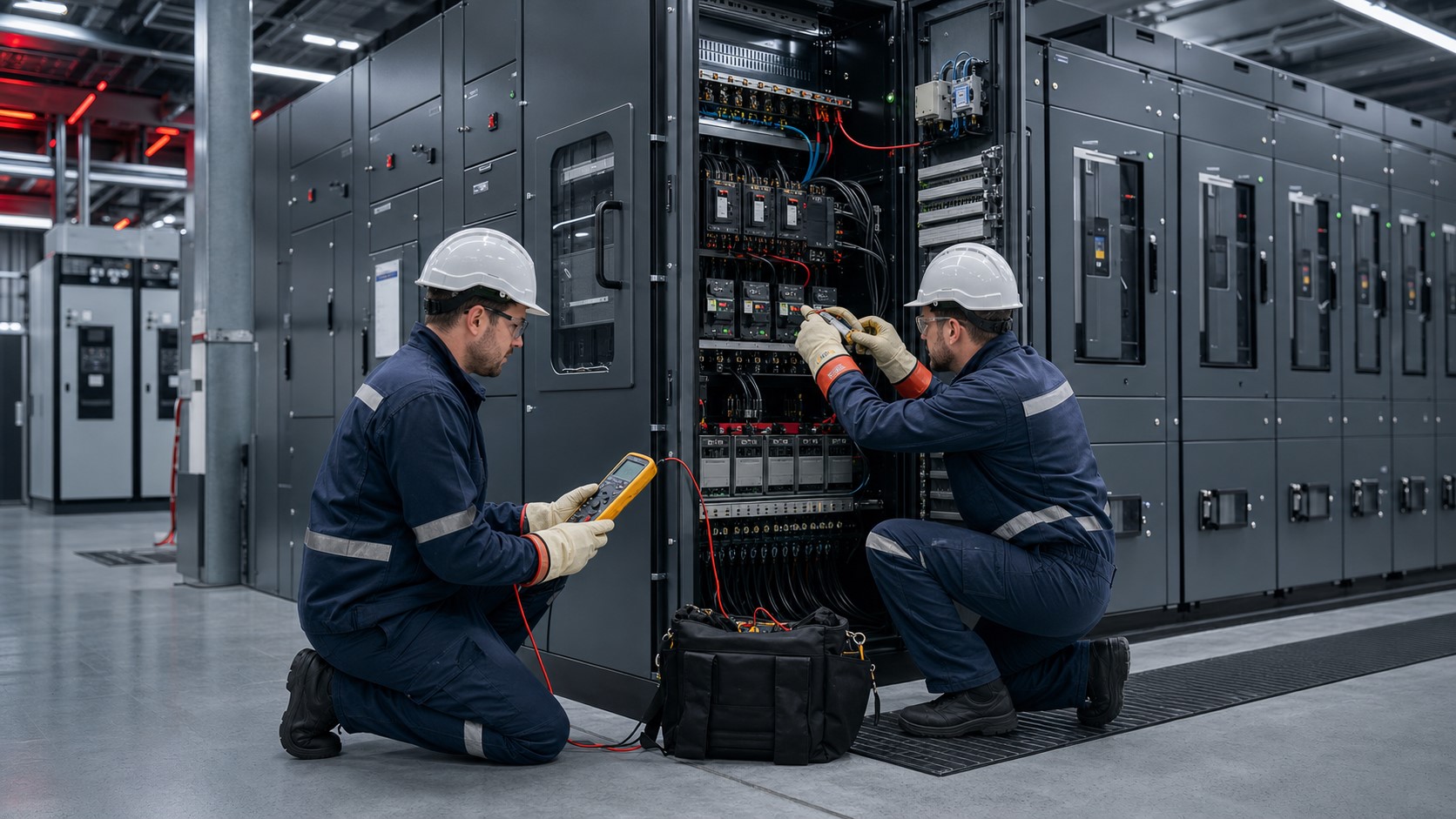 Techniciens intervenant sur un tableau électrique industriel